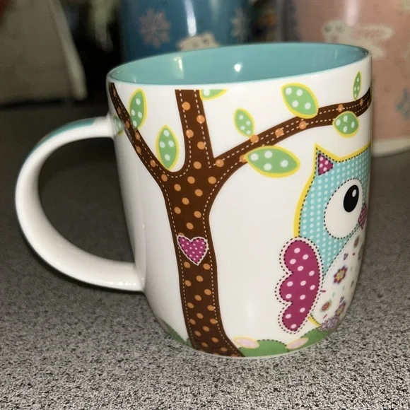 Burton & Burton Owl Mug Cup Calico Patchwork Turquoise 12 Oz. 2014 Whimsical - Picture 3 of 6